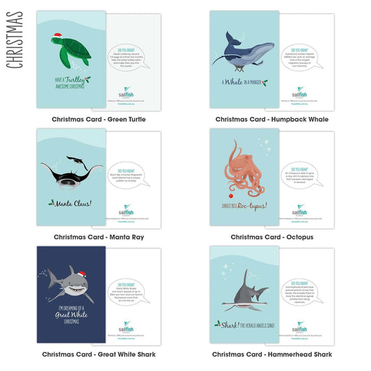 Christmas Cards 10 Pack - Selected DesignsNOW SELLING 12 PACK HEREOR BUILD YOUR OWN BUNDLE OF 10 HERE! 
This series of funny marine Christmas greeting cards with envelopes is the perfect way to send ocean loGreeting CardsSailfish Creative
