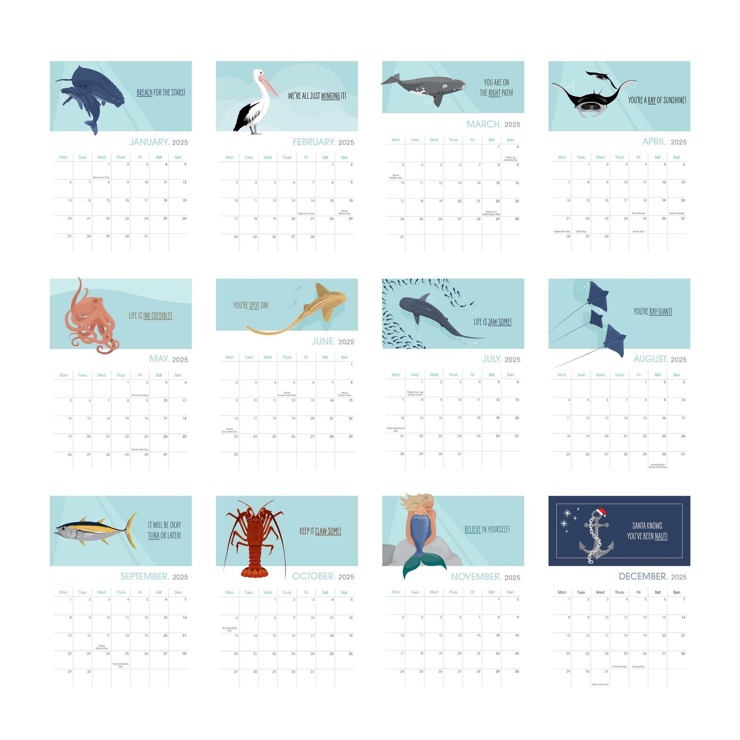 2026 Calendar refill sheets with ocean-themed illustrations and motivational puns, A5 size, eco-friendly recycled paper