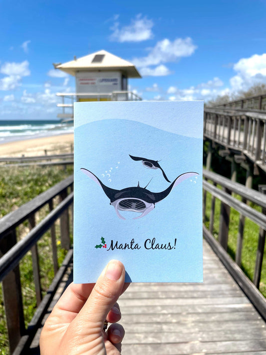 Christmas Card featuring a funny Manta Ray illustration with "Manta Claus" text, perfect for ocean lovers