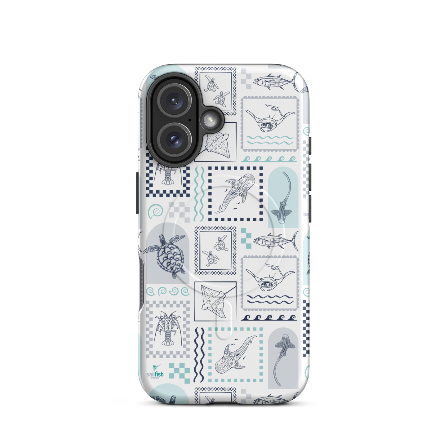 iPhone phone case with ocean wildlife arches print including turtles, eagle rays, whale sharks, and manta rays