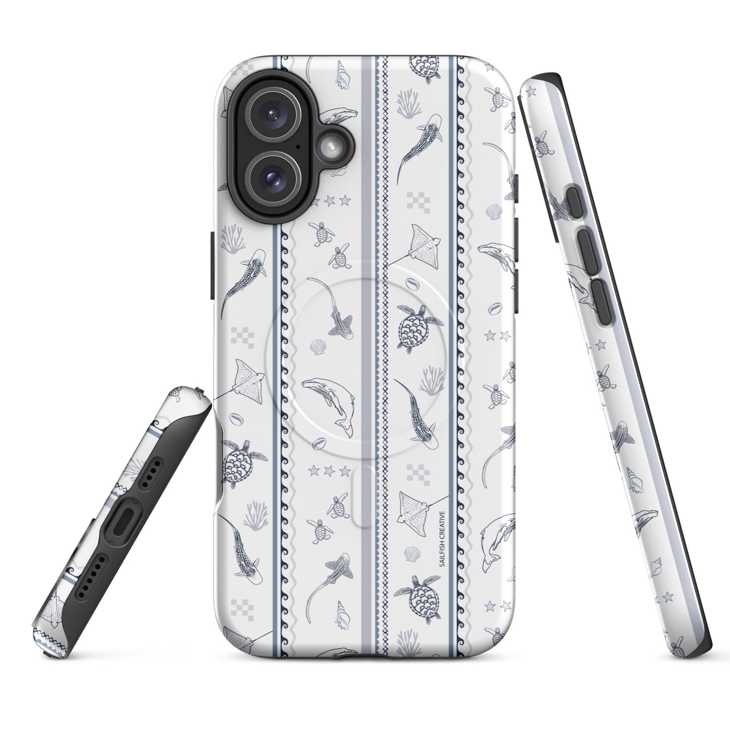 iPhone MagSafe Tough Phone Case - Candy Stripes Overcast Blue on White