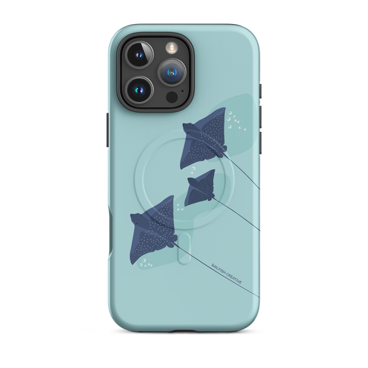 iPhone phone case with eagle rays design in blue tones, compatible with MagSafe and tough options