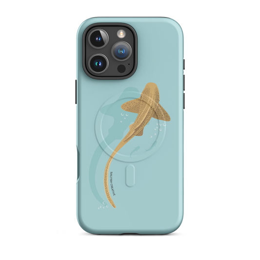 iPhone Phone Case with Leopard Shark design on light blue background, tough protective model with Magsafe compatibility