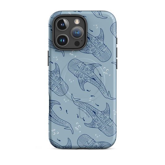 iPhone phone case with blue whale shark pattern and triple camera cutout