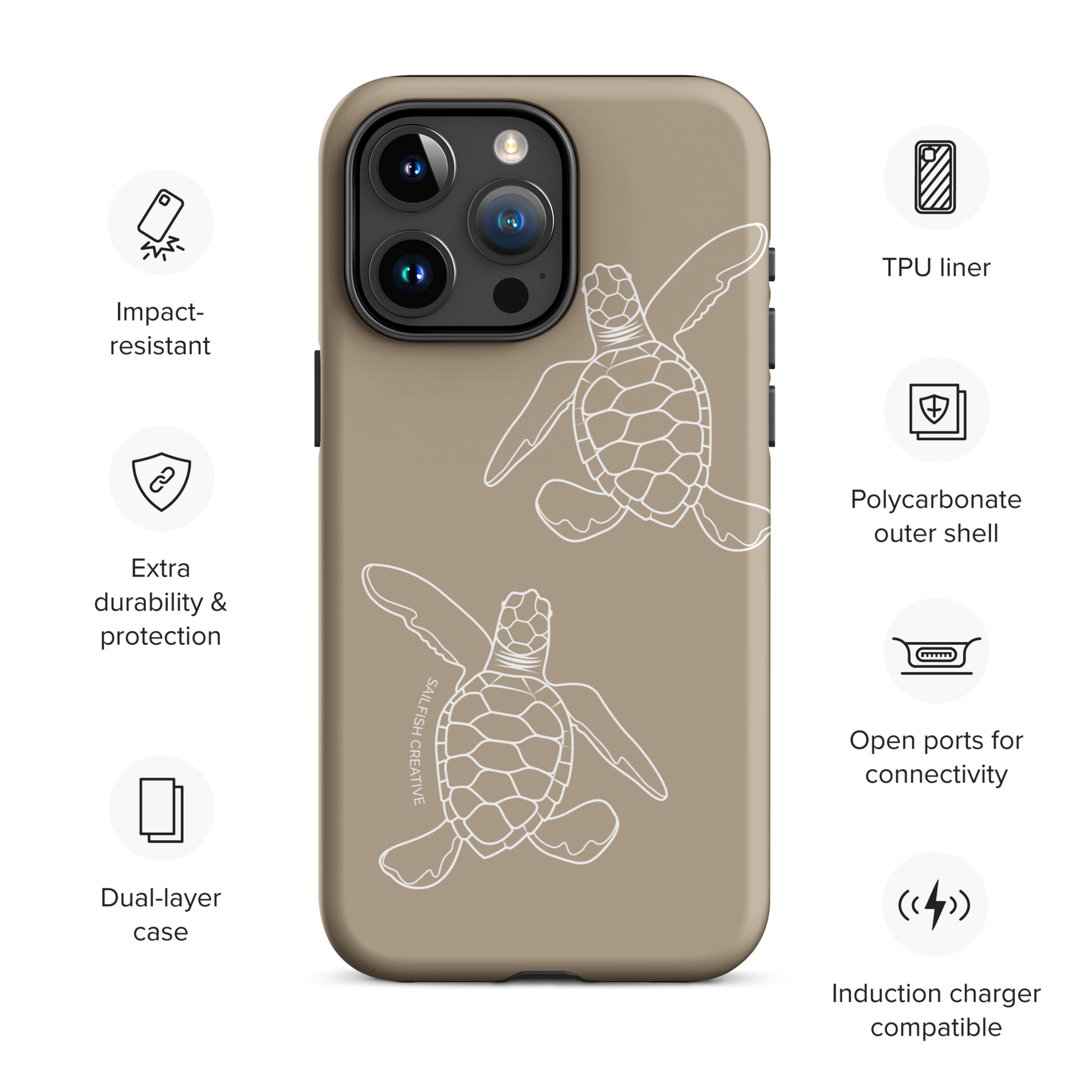 iPhone Tough Phone Case - Turtle Hatchlings Outline Natural - Sailfish Creative