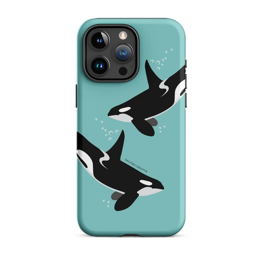 iPhone phone case with orca killer whale design on teal background