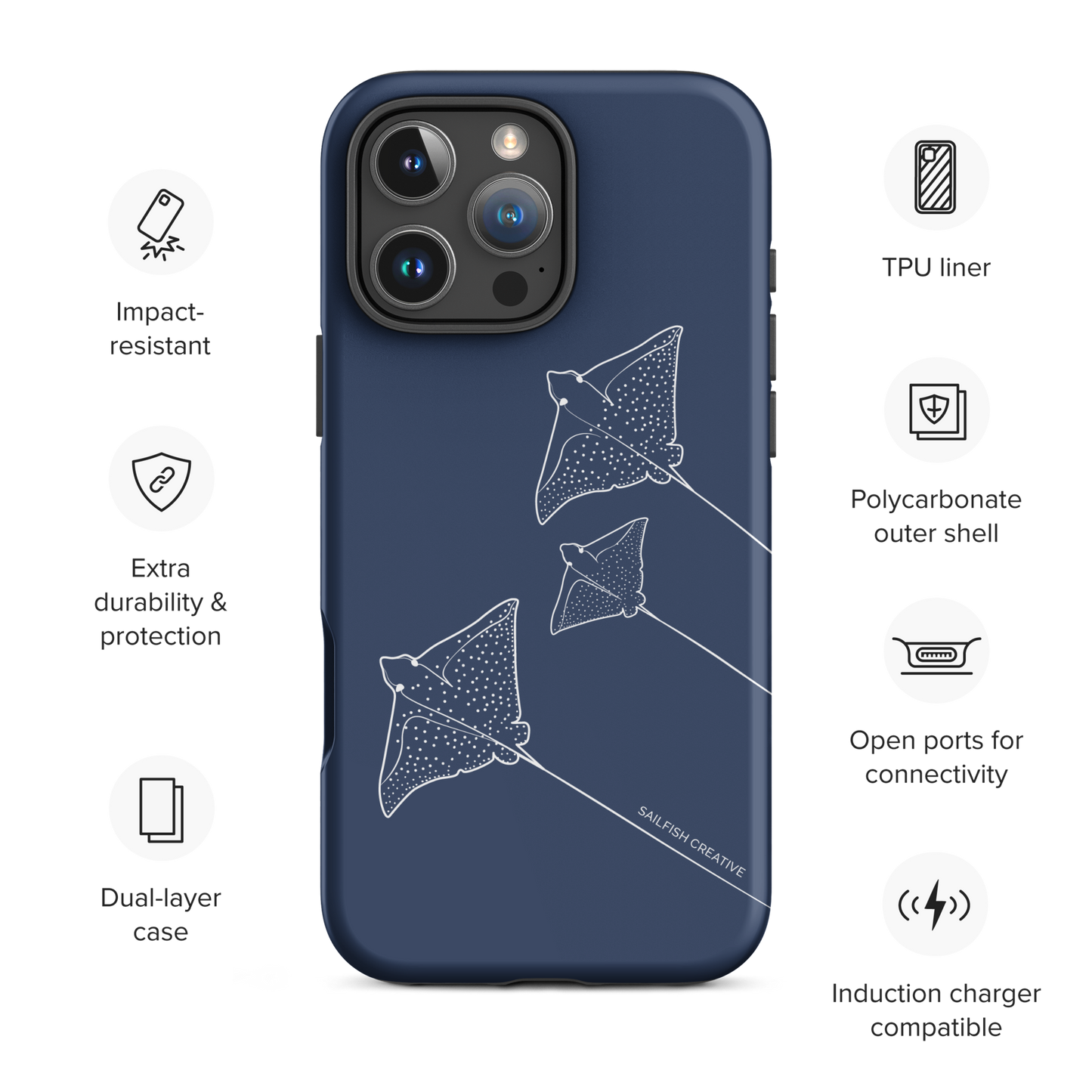 iPhone Tough Phone Case - Eagle Ray Outline Navy - Sailfish Creative