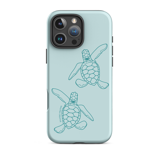 iPhone phone case with teal turtle hatchlings outline design