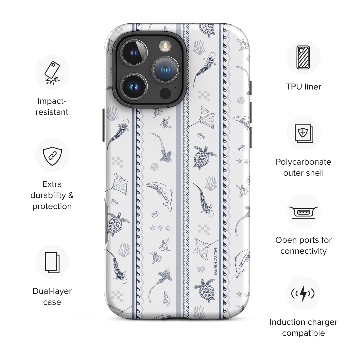 iPhone Tough Phone Case - Candy Stripes Overcast Blue on White