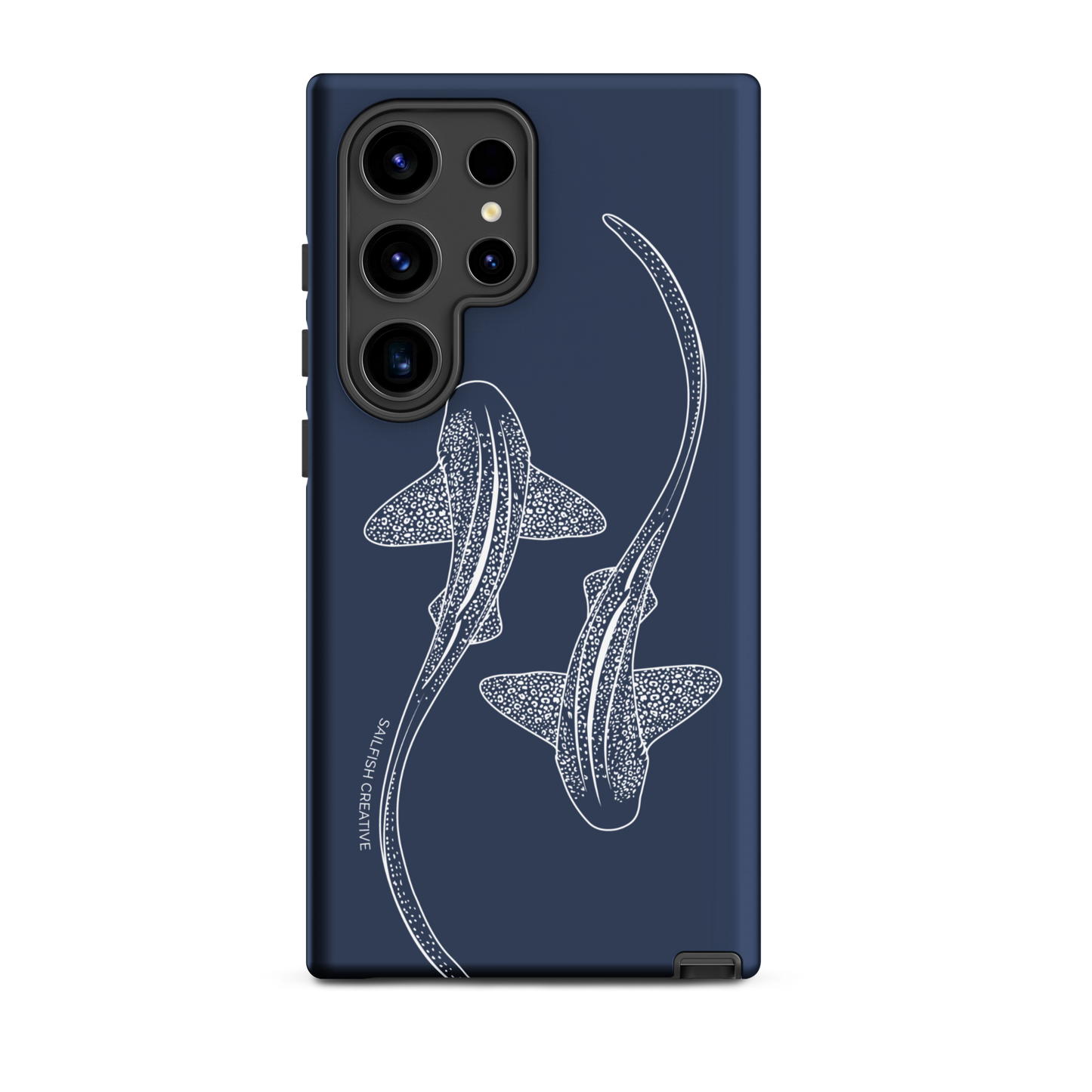 Samsung phone case navy blue with white leopard sharks outline design