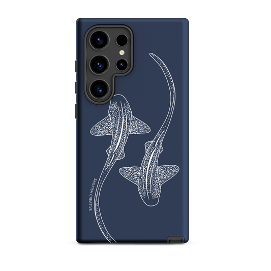 Samsung phone case navy blue with white leopard sharks outline design