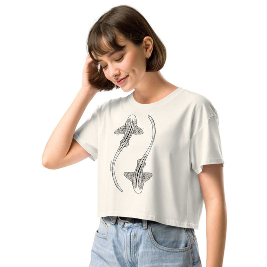 Woman wearing white Leopard Shark Line Art women's crop t-shirt with soft cotton fabric and short body cut