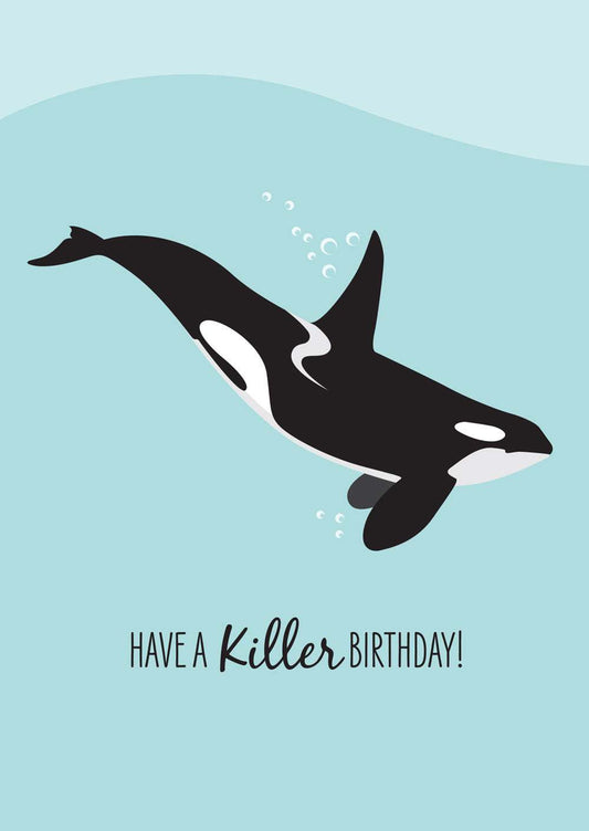 Funny killer whale orca birthday card with ocean theme and envelope.