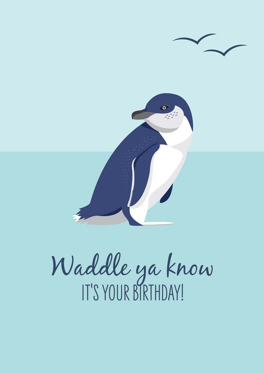 Birthday Card featuring a cute Little Blue Penguin with ocean theme and birthday message