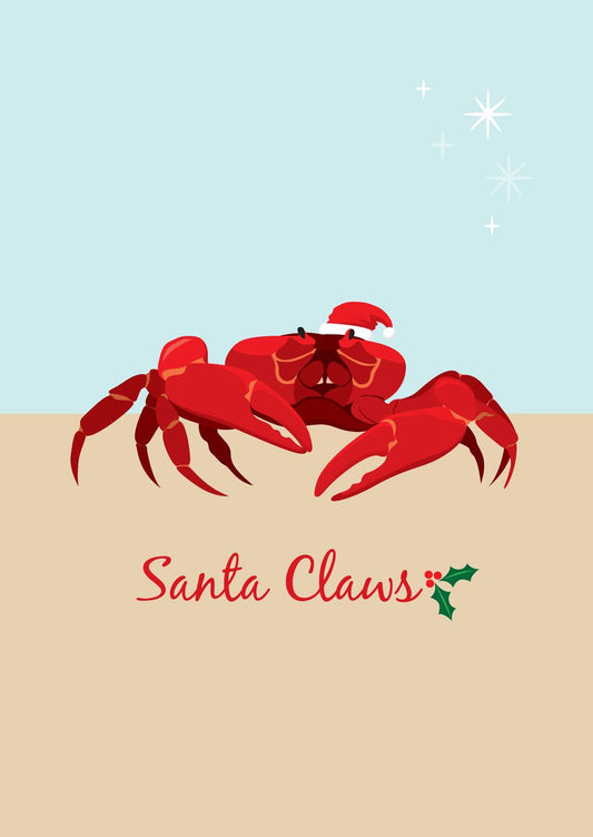 Christmas card with red crab illustration wearing Santa hat and "Santa Claws" text on blue background