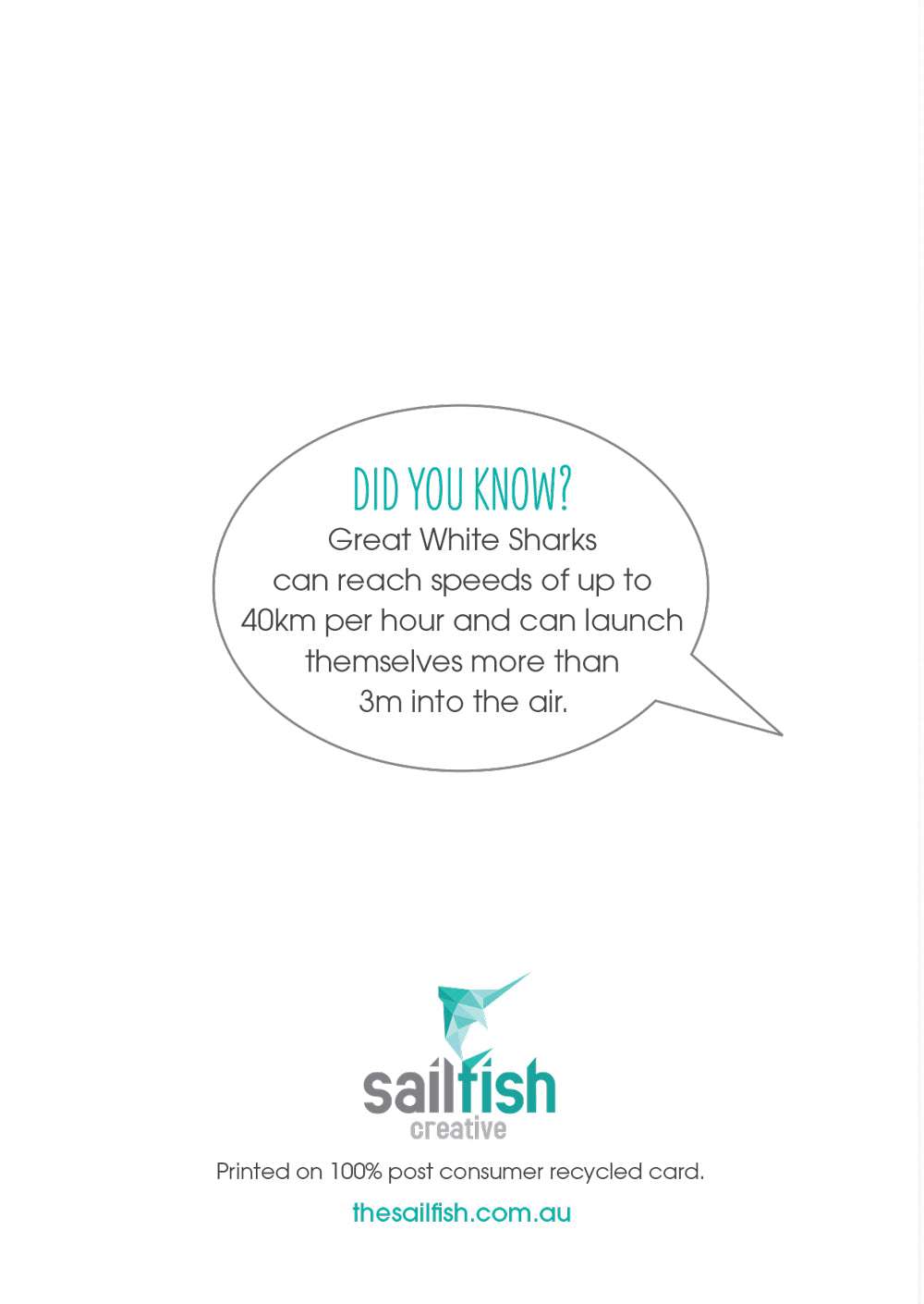 Christmas Card - Great White SharkThis funny Great White Shark Christmas greeting card with envelope is the perfect way to send an ocean lover some Christmas love this silly season.
BUILD YOUR OWN BUGreeting CardsSailfish Creative