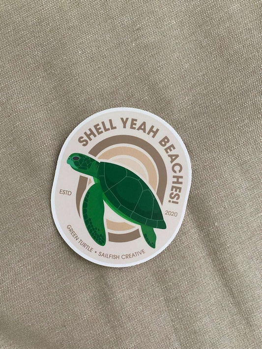 Green Turtle sticker with "Shell Yeah Beaches!" text on beige background