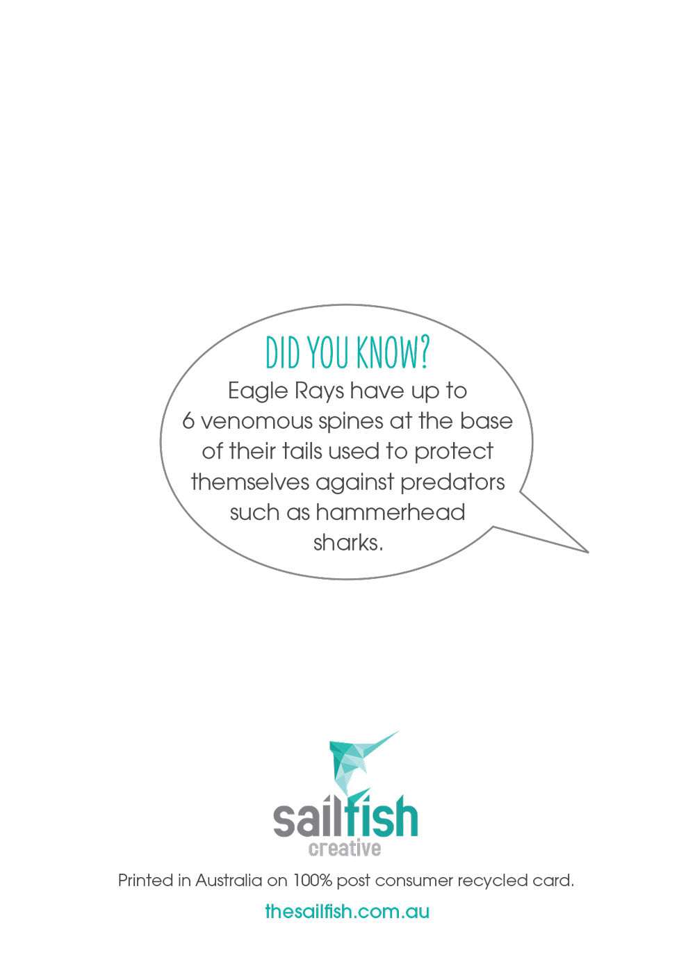 Greeting Card - Eagle RayThis funny Eagle Ray Birthday greeting card with envelope is the perfect way to send an ocean lover some cheer.
DETAILS:
Digital illustration and design
Printed on Greeting CardsSailfish Creative