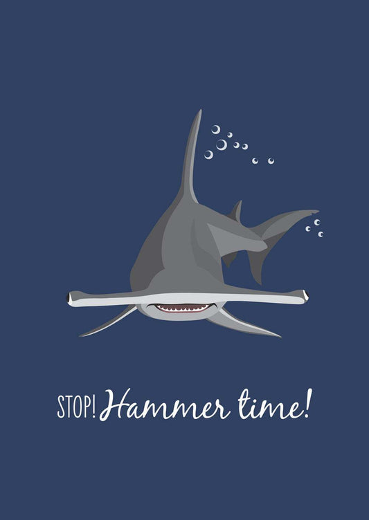 Funny hammerhead shark greeting card with ocean theme and "Stop! Hammer time!" text