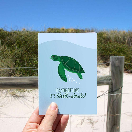 Green Turtle Birthday card with ocean-themed turtle illustration and "Let's Shell-abrate" message