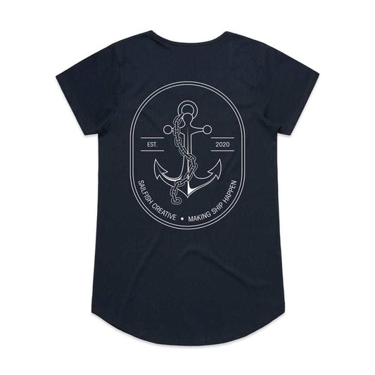 Navy blue women's scoop neck t-shirt with anchor graphic and "Making Ship Happen" text, 100% combed cotton, curved tails and capped sleeves