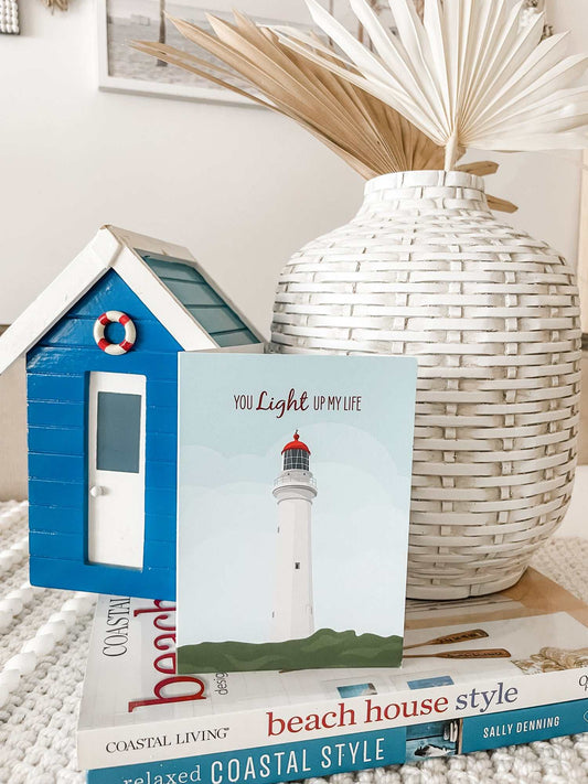Airey's Inlet Lighthouse greeting card with envelope, coastal-themed digital illustration on recycled card stock