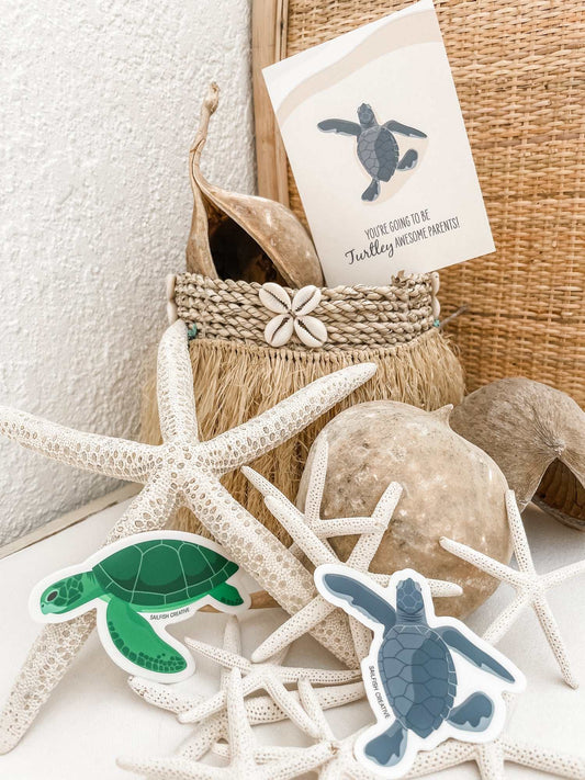 Baby Turtle Hatchling vinyl stickers with sea-themed decor background
