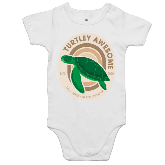 White baby onesie romper with green turtle graphic and "Turtley Awesome" text design