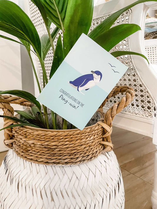Little Blue Penguin greeting card with ocean theme and congratulatory message in woven basket with green plant background