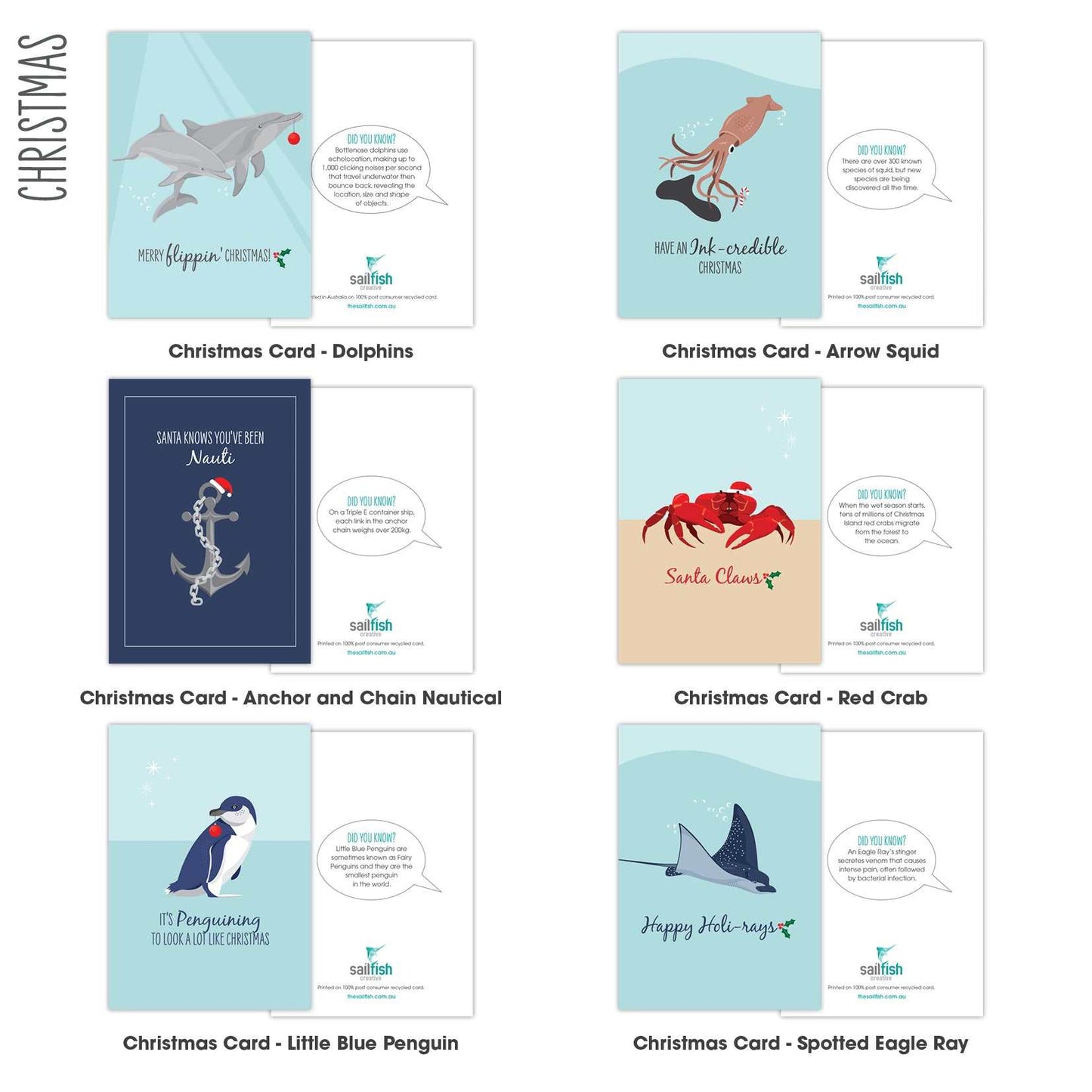 Christmas Cards 10 Pack - Selected DesignsNOW SELLING 12 PACK HEREOR BUILD YOUR OWN BUNDLE OF 10 HERE! 
This series of funny marine Christmas greeting cards with envelopes is the perfect way to send ocean loGreeting CardsSailfish Creative