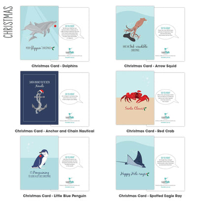 Christmas Cards 10 Pack - Selected DesignsNOW SELLING 12 PACK HEREOR BUILD YOUR OWN BUNDLE OF 10 HERE! 
This series of funny marine Christmas greeting cards with envelopes is the perfect way to send ocean loGreeting CardsSailfish Creative
