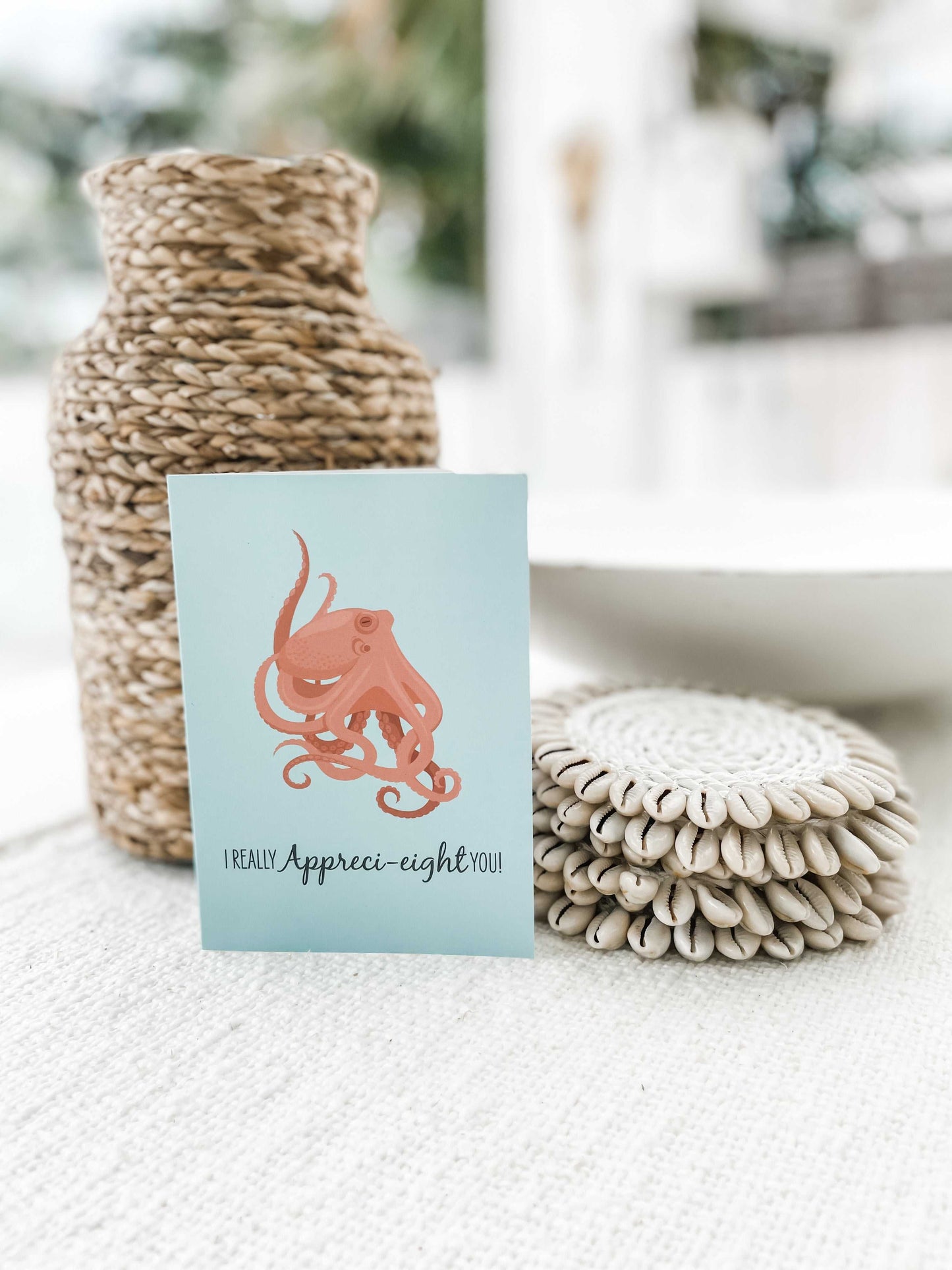 Funny octopus greeting card with eco-friendly envelope and ocean conservation support