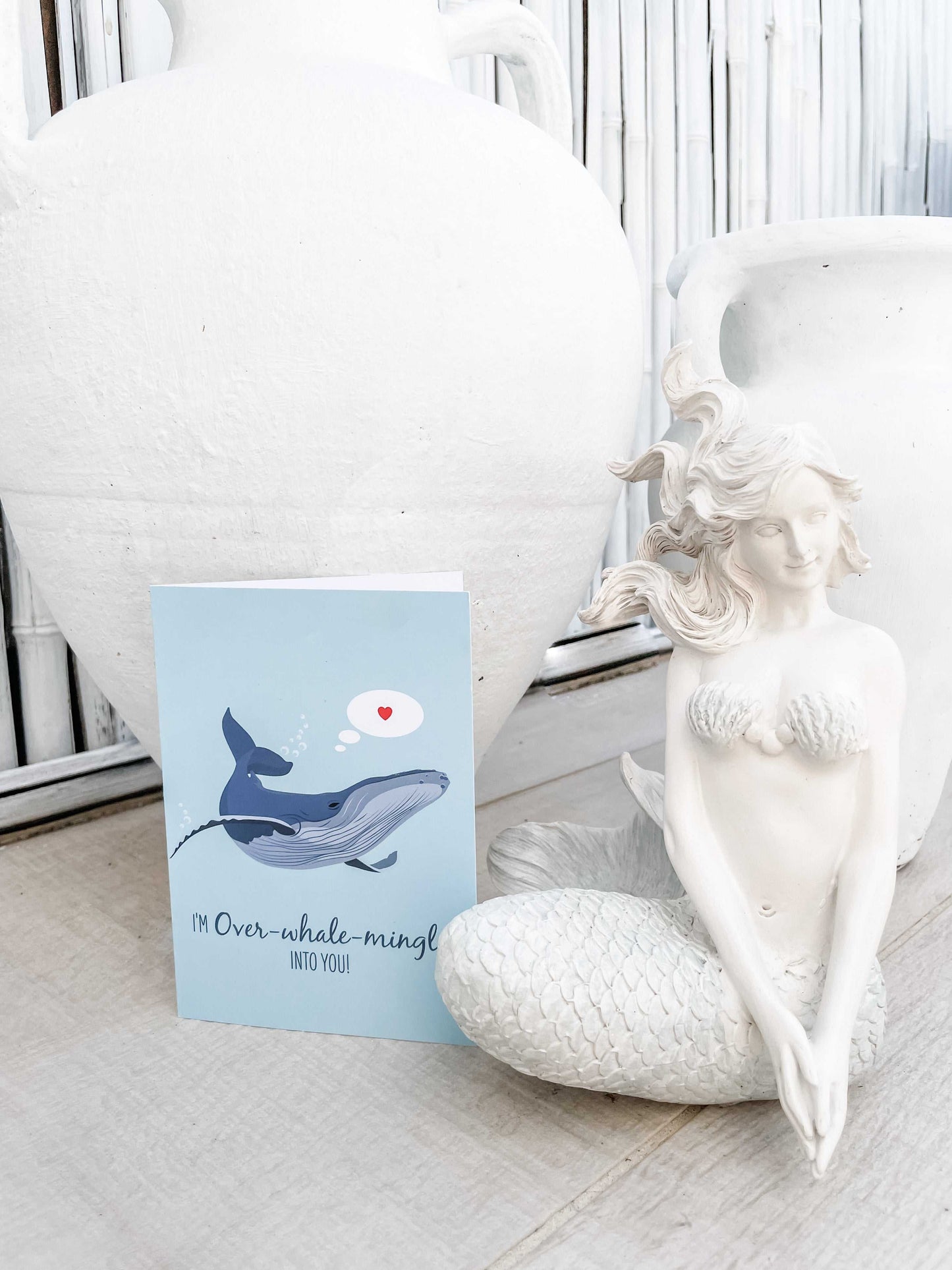 Lovers Card featuring a digital illustration of a humpback whale with "I'm Over-whale-ming Into You" message, eco-friendly recycled card and envelope