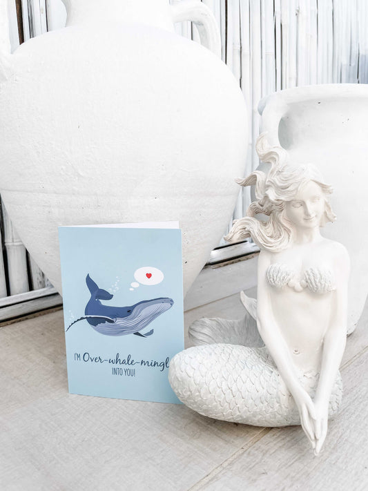 Lovers Card featuring a digital illustration of a humpback whale with "I'm Over-whale-ming Into You" message, eco-friendly recycled card and envelope