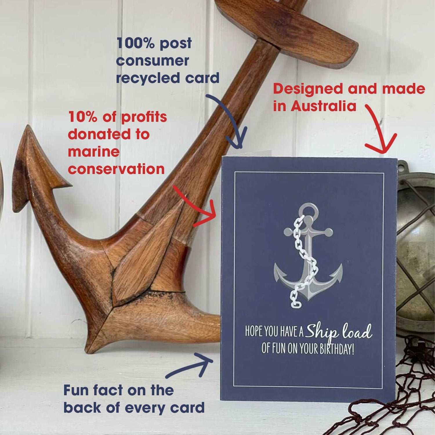 Nautical birthday card with anchor and chain design, made from 100% recycled card, featuring fun fact on back, supporting marine conservation.