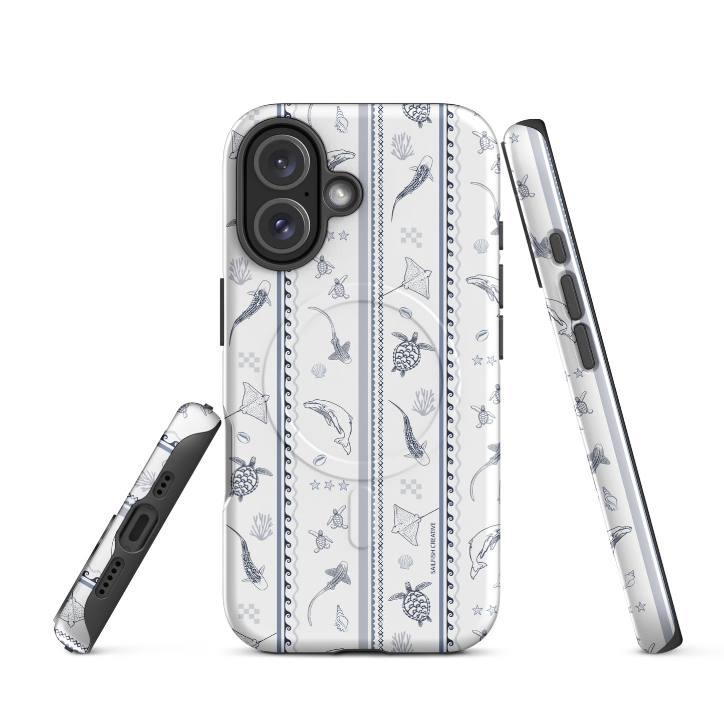 iPhone MagSafe Tough Phone Case - Candy Stripes Overcast Blue on White