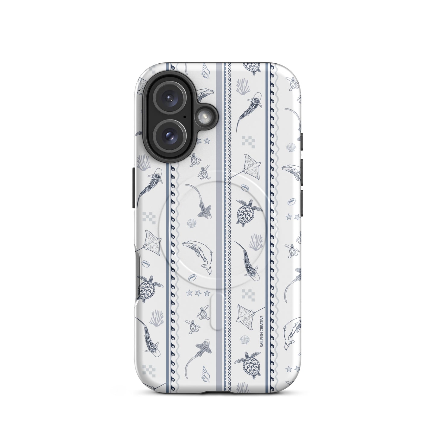 iPhone MagSafe Tough Phone Case - Candy Stripes Overcast Blue on White