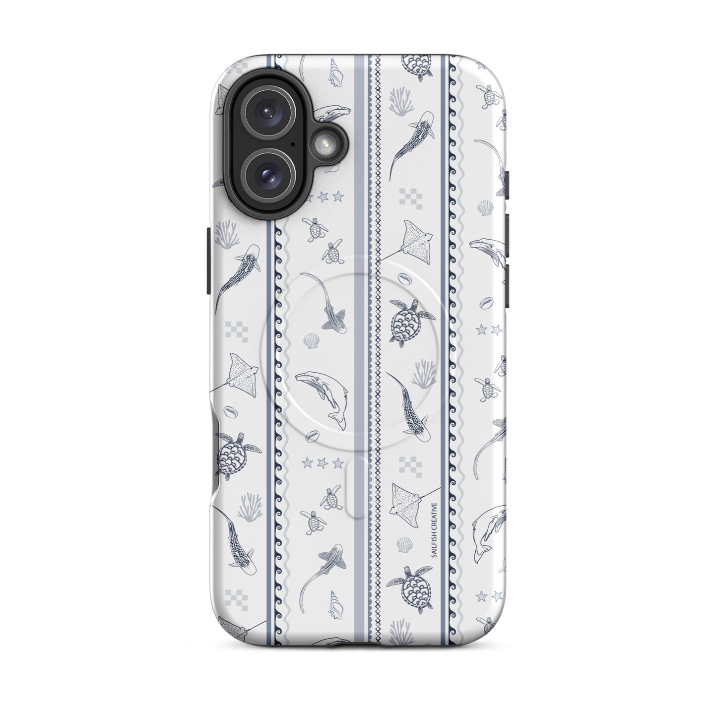 iPhone MagSafe Tough Phone Case - Candy Stripes Overcast Blue on White