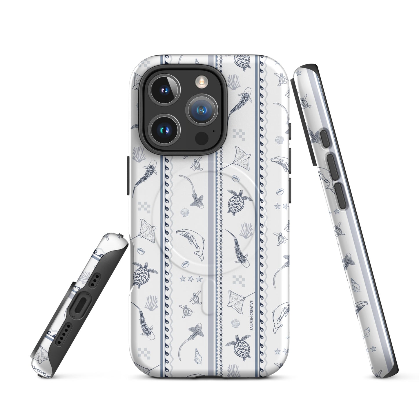 iPhone MagSafe Tough Phone Case - Candy Stripes Overcast Blue on White
