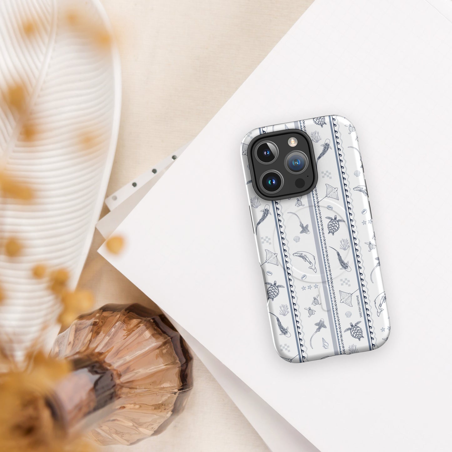 iPhone MagSafe Tough Phone Case - Candy Stripes Overcast Blue on White