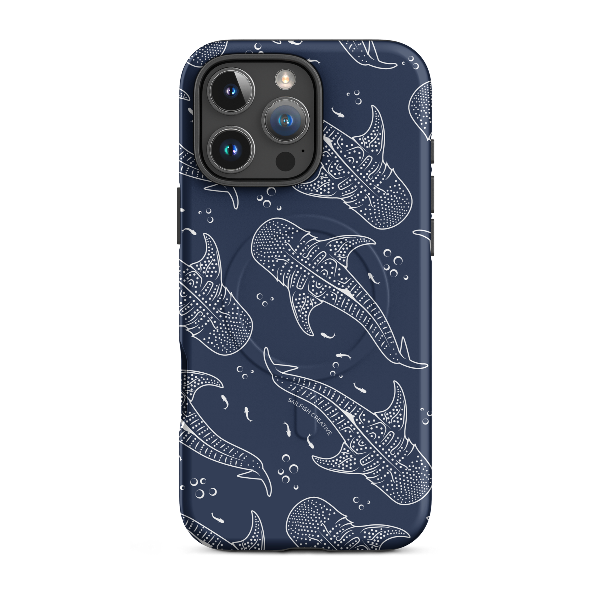 Navy iPhone phone case with white whale shark pattern design