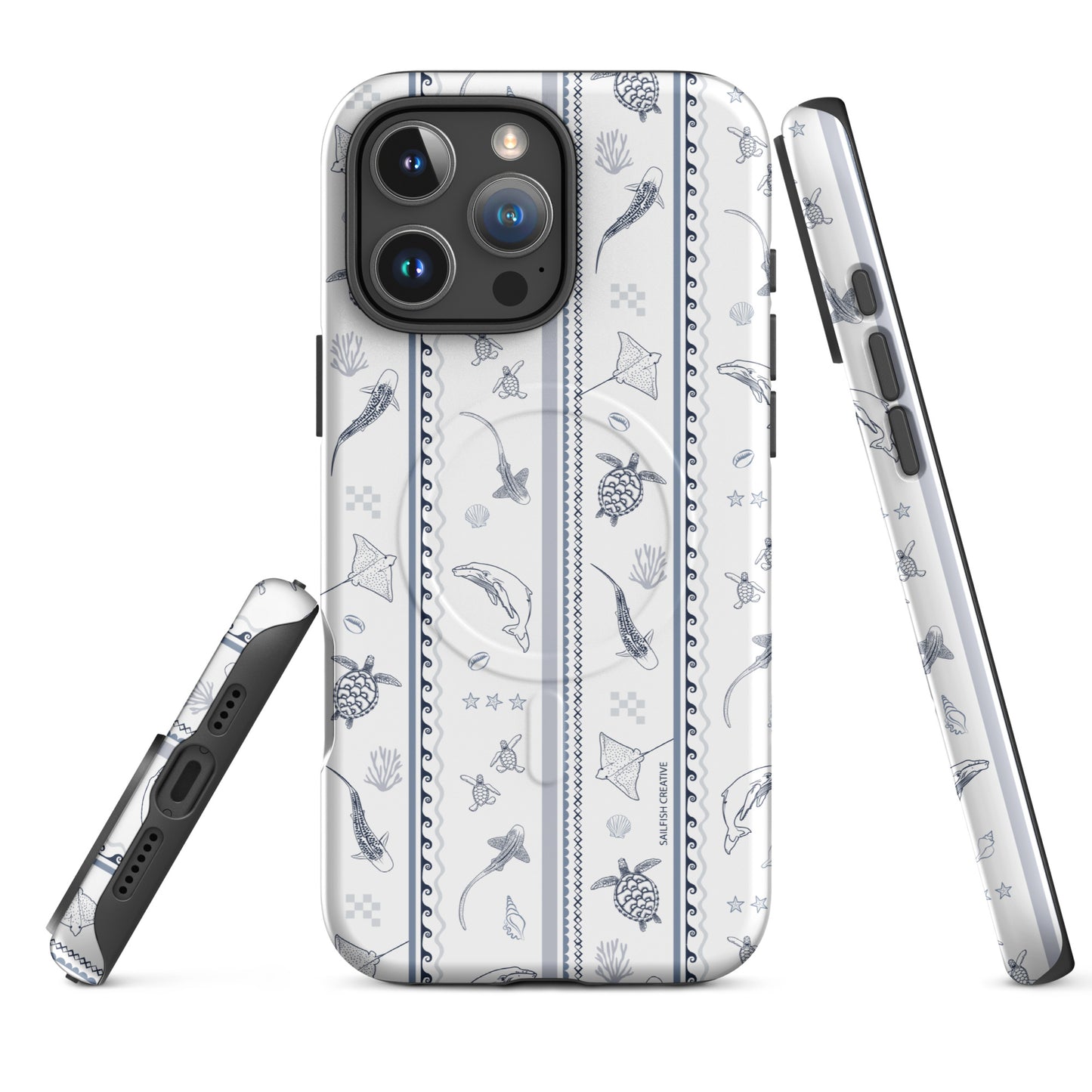 iPhone MagSafe Tough Phone Case - Candy Stripes Overcast Blue on White