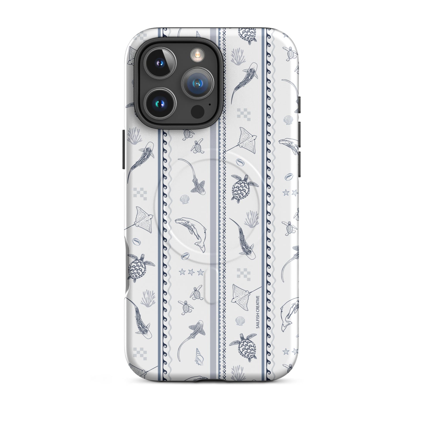 iPhone MagSafe Tough Phone Case - Candy Stripes Overcast Blue on White