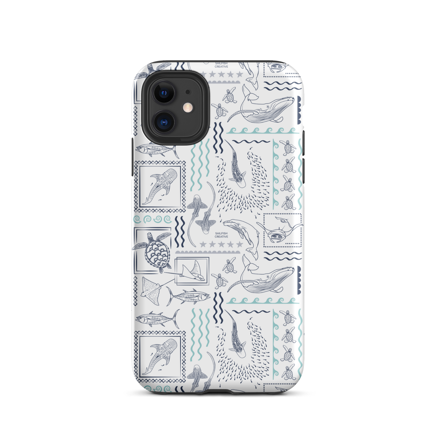 iPhone phone case with busy navy and teal ocean print on white background