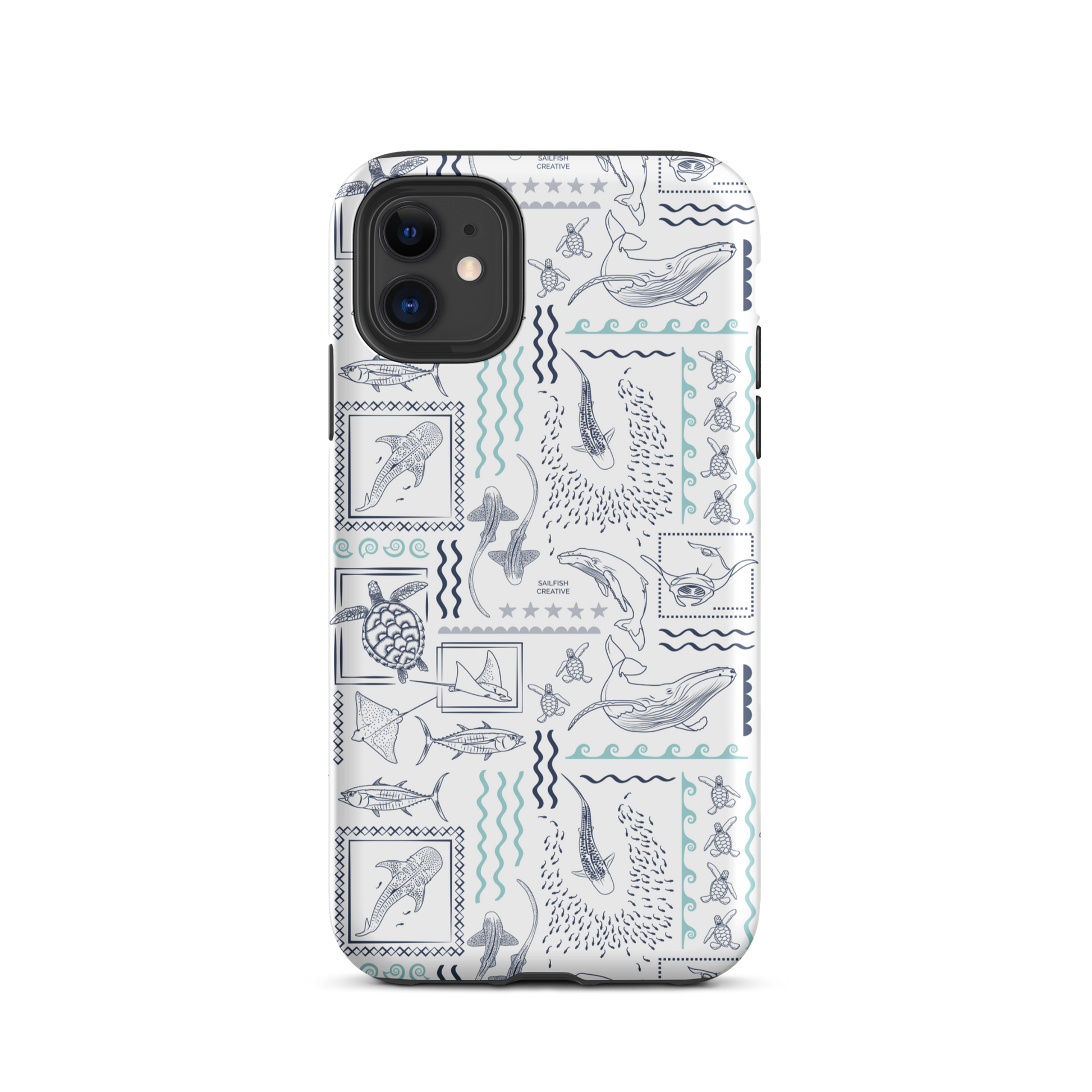 iPhone phone case with busy navy and teal ocean print on white background