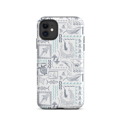 iPhone phone case with busy navy and teal ocean print on white background