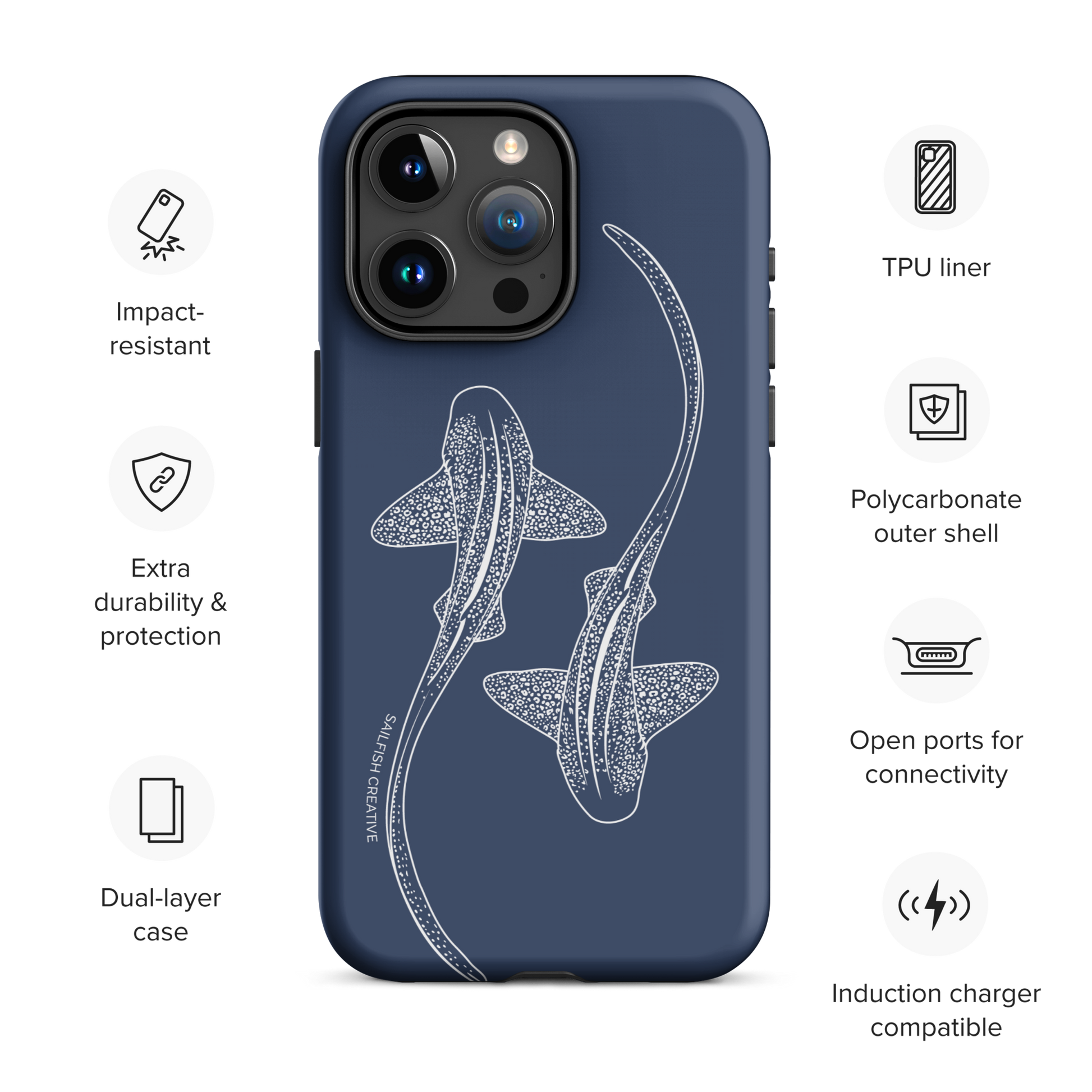 iPhone Tough Phone Case - Leopard Sharks Outline Navy - Sailfish Creative