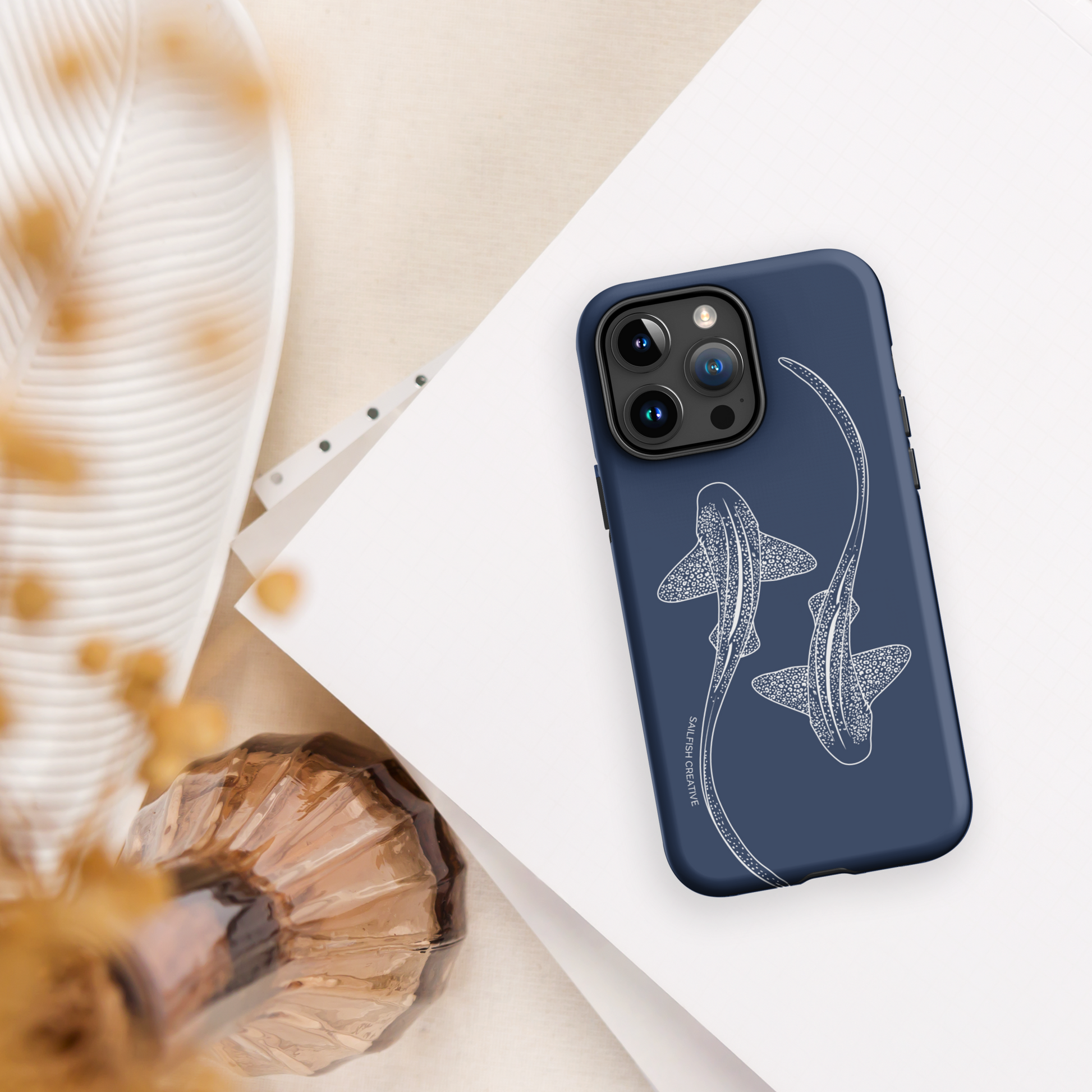 iPhone Tough Phone Case - Leopard Sharks Outline Navy - Sailfish Creative