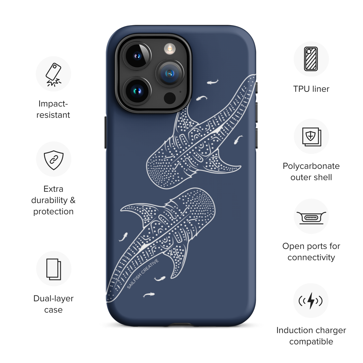 iPhone Tough Phone Case - Whale Sharks Outline Navy - Sailfish Creative