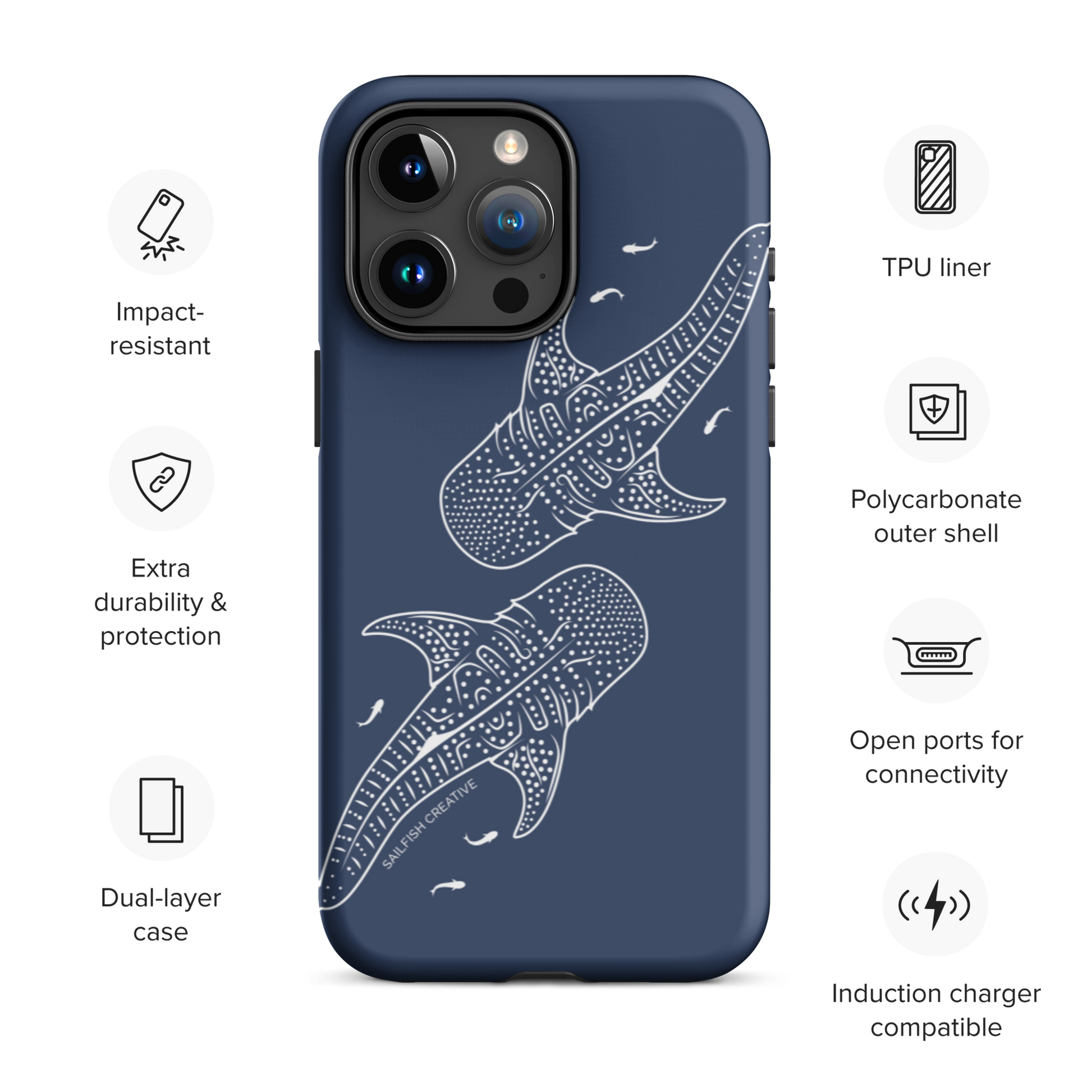 iPhone Tough Phone Case - Whale Sharks Outline Navy - Sailfish Creative